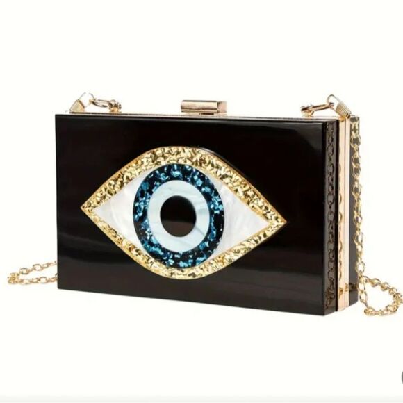 Black Evil Eye Hard Shell Clutch Bag Chain - Picture 1 of 4